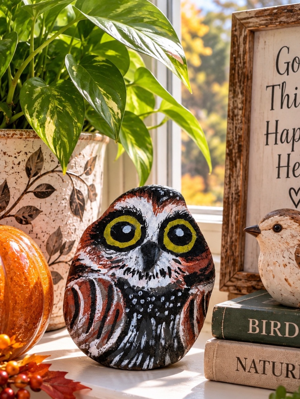 Hand crafted painted owl rock yellow gold black brown white 2.5x2.5 inch approx